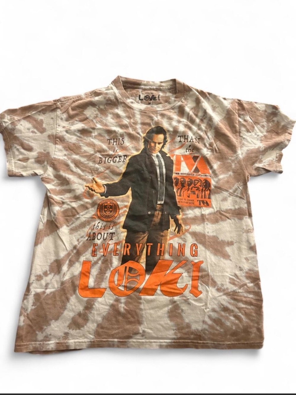 Marvel Loki Tie-Dye Short Sleeve Tee - Brown & Beige with Orange Print